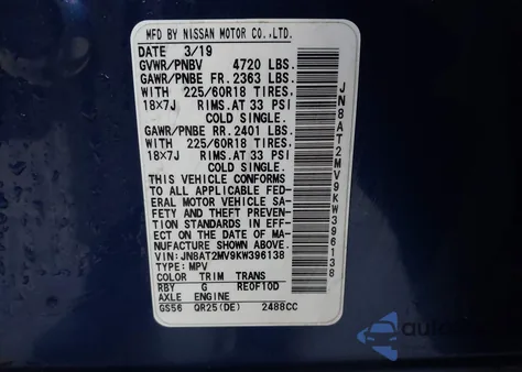 2019 Nissan Rogue Sv z USA, uszkodzony, nr VIN JN8AT2MV9KW396138